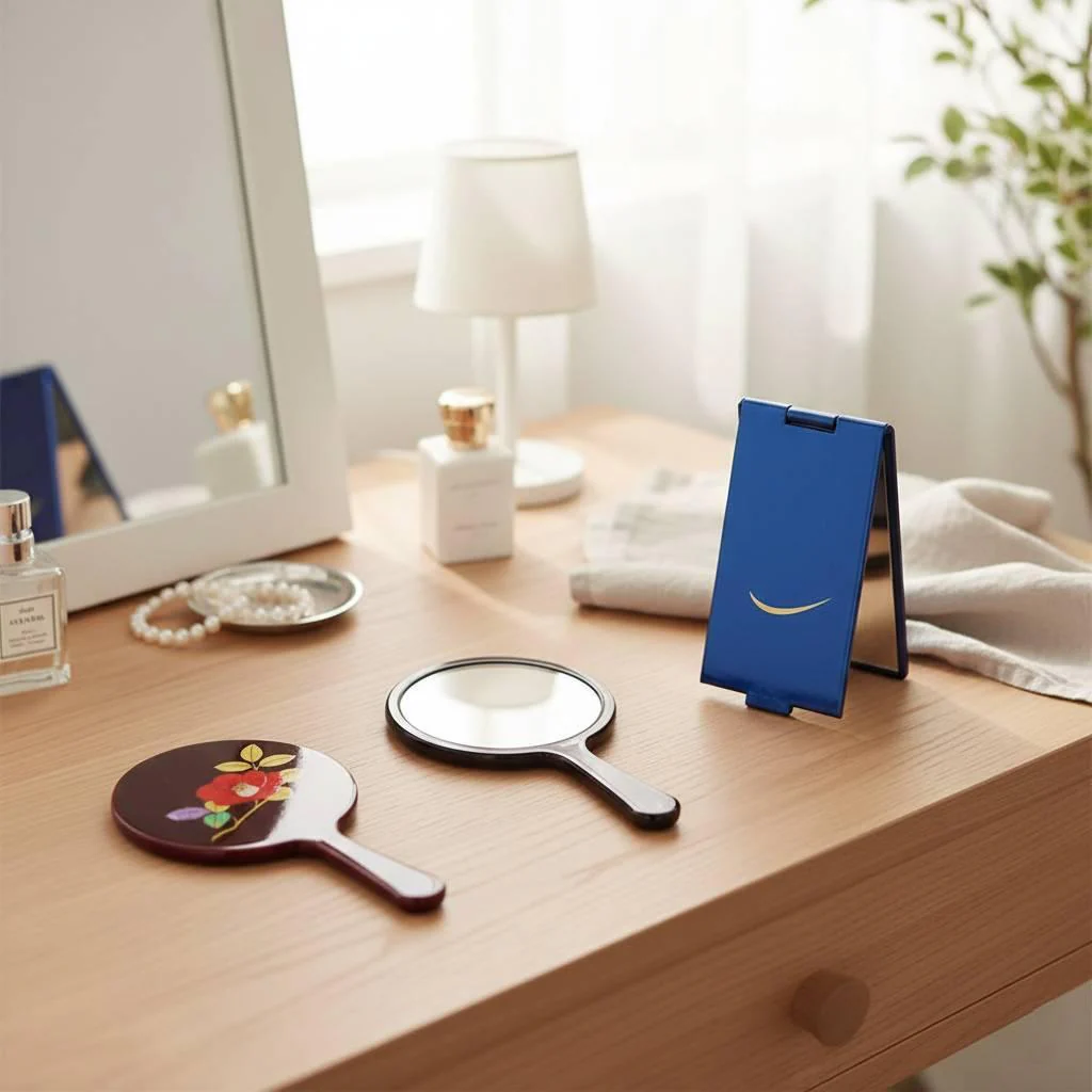 Indigo Blue Lacquered Standing Mirror Crescent Moon Design - Image 2