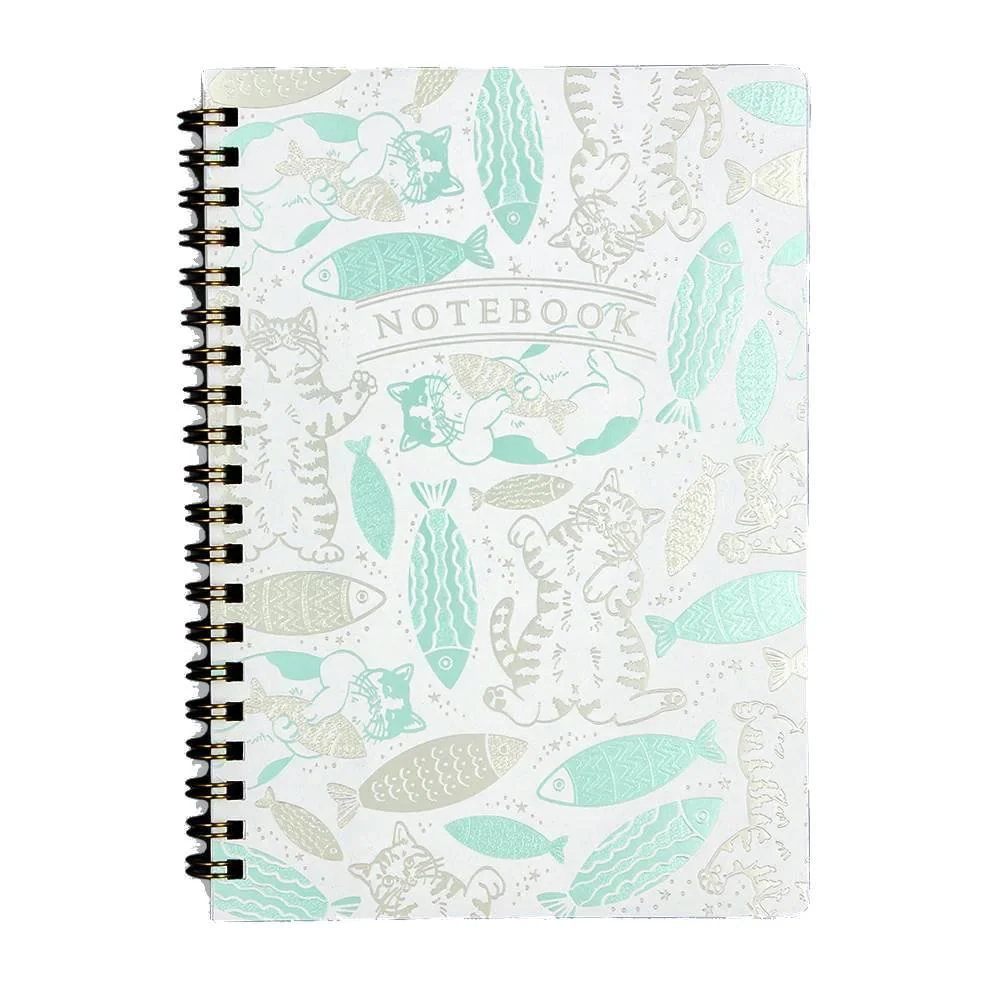 Rokkaku B6 Grid Notebook Foil Stamped Cute Cat & Fish Design